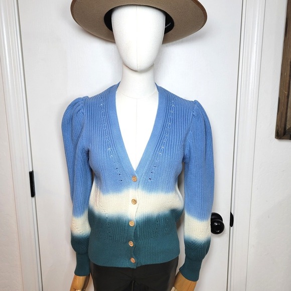 Veronica Beard Parula Dip Dye Ombre Cardigan Sweater 100% Cotton Blue Green M - Picture 2 of 10